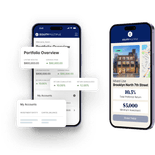 An artistic rendering of two phones displaying different views of EquityMultiple's online investment platform.